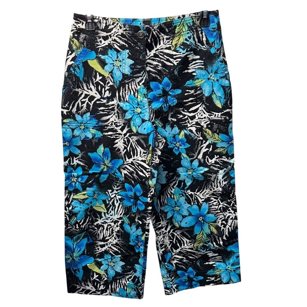 Additions by Chicos Womens Size 0 Floral Zebra Print Cropped Pants Blue Black